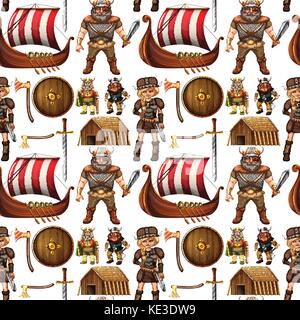 Seamless viking people and ship illustration Stock Vector