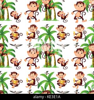Seamless monkeys and coconut trees illustration Stock Vector