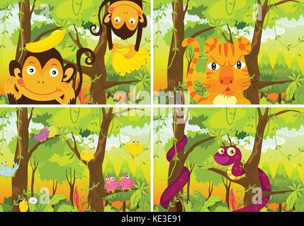 Many animals living in the jungle illustration Stock Vector