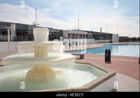 Fountain at the newly refurbished outdoor swimming pool at Uxbridge Lido and sports centre west of London, UK. Stock Photo