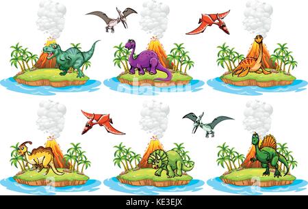 Dinosaurs living on the island illustration Stock Vector