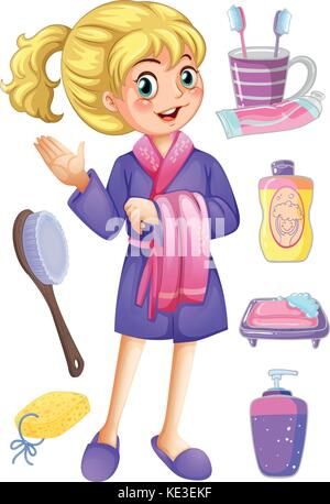 Woman in bathrobe and bathroom set illustration Stock Vector