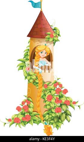 Princess sitting in castle tower illustration Stock Vector