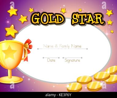 Certificate design with golden coins and trophy illustration Stock Vector