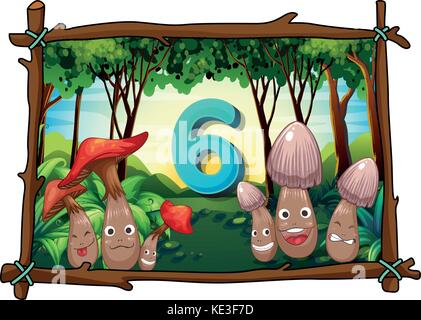 Number six with 6 mushrooms in the forest illustration Stock Vector