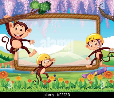 Border design with three monkeys in the park illustration Stock Vector