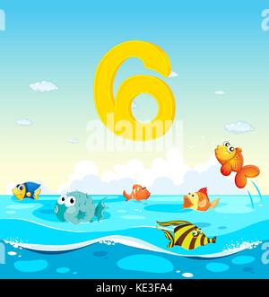 Number six with 6 fish in the ocean illustration Stock Vector