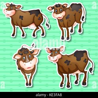 Stickers of cows on green background illustration Stock Vector