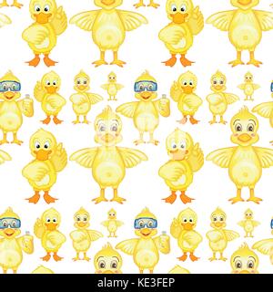Seamless yellow ducklings in different posts illustration Stock Vector