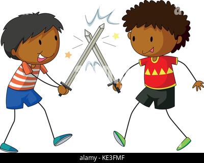 Two boys fighting with swords illustration Stock Vector