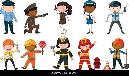 Set of men and woman in different job costumes on white background Stock Vector