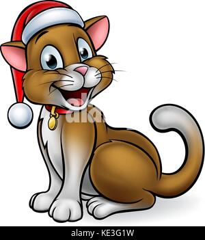 A cute cartoon cat character wearing a Santa Claus Christmas hat Stock Vector