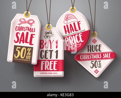White christmas sale tags vector set hanging with red color sale and discount text and hand drawn christmas elements for holiday promotion. Stock Vector