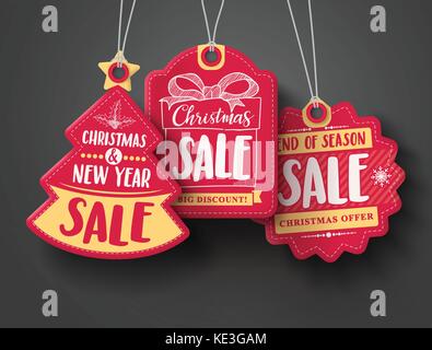 Red Christmas sale paper tags vector set with different shapes and hand drawn elements in red color hanging with discount text for christmas holiday Stock Vector