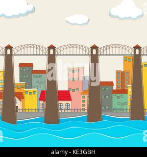 Bridge over the river and city illustration Stock Vector