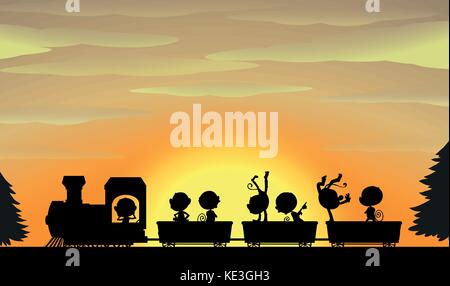 Silhouette of monkeys sitting on a train with sunset in the background Stock Vector