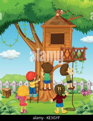 Children playing on the treehouse illustration Stock Vector