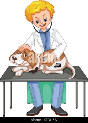 Vet checking up dog with stethoscope illustration Stock Vector