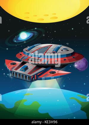 Spaceship flying around the earth illustration Stock Vector