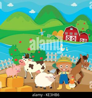 Farm theme with farmer and farm animals illustration Stock Vector