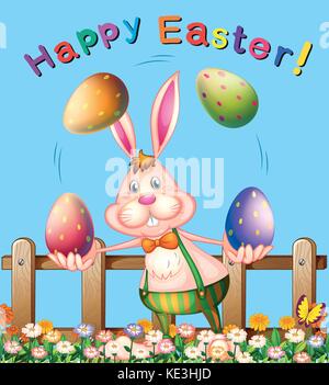 Poster design with easter bunny juggling eggs illustration Stock Vector