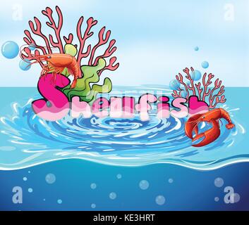 Lobster and coral reef in the ocean illustration Stock Vector