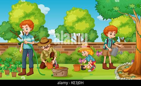 Father and daughter planting in the garden illustration Stock Vector ...