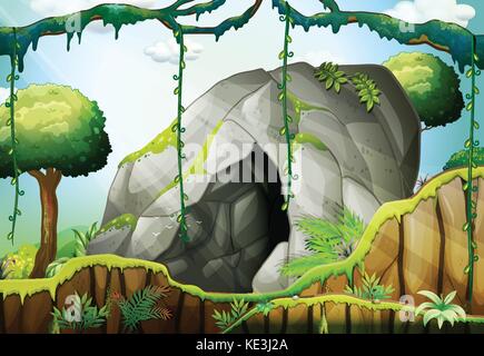 Cave in the deep forest illustration Stock Vector