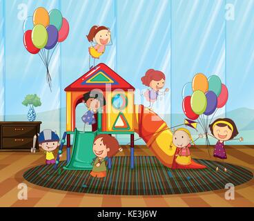 Children playing on the slide in the room illustration Stock Vector