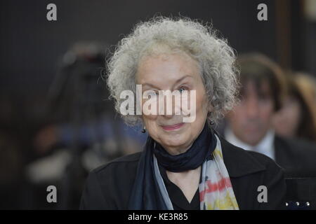 Canadian writer and activist Margaret Atwood, expressed her great admiration for writer Franz Kafka, when she received the international prize bearing his name at the Old Town Hall in Prague, Czech Republic, October 17, 2017. The Franz Kafka Prize is the only international literary award presented in the Czech Republic.This year's laureate, Atwood, has written a number of short stories, novels, books of poetry, literary studies as well as books for children. Her probably most famous book is dystopian novel The Handmaid's Tale (1985) that was adapted into a film in 1990, an opera in 2000 and a Stock Photo