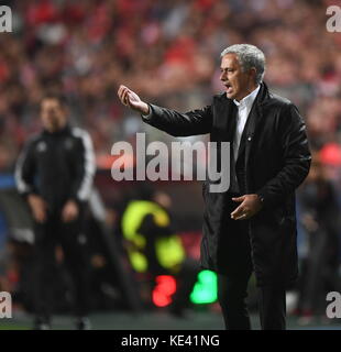 Lisbon. 18th Oct, 2017. Manchester United's manager Jose Mourinho reacts during the third round match of Group A of 2017-18 UEFA Champions League between Benfica and Manchester United at the Luz stadium in Lisbon, Portugal on Oct. 18, 2017. Benfica lost 0-1. Credit: Zhang Liyun/Xinhua/Alamy Live News Stock Photo