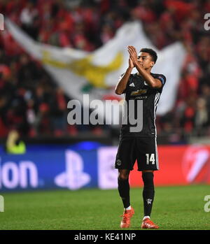 Lisbon. 18th Oct, 2017. Jesse Lingard of Manchester United gestures after the third round match of Group A of 2017-18 UEFA Champions League between Benfica and Manchester United at the Luz stadium in Lisbon, Portugal on Oct. 18, 2017. Benfica lost 0-1. Credit: Zhang Liyun/Xinhua/Alamy Live News Stock Photo