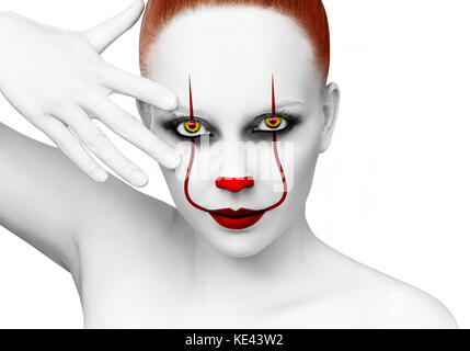 Redhead woman with scary clown grimm. Stock Photo