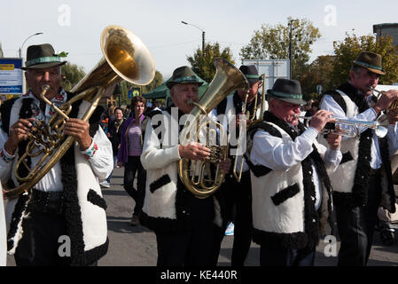 CLUJ NAPOCA, ROMANIA - OCTOBER 15, 2017: A traditional brass-band performing Romanian folk music on wind instruments during the Autumn Fair Stock Photo