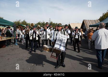 CLUJ NAPOCA, ROMANIA - OCTOBER 15, 2017: A traditional brass-band performing Romanian folk music on wind instruments during the Autumn Fair Stock Photo