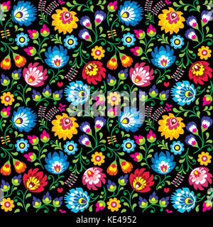 Seamless vector Polish folk art floral pattern - Wzory Lowickie, Wycinanki on black background Stock Vector