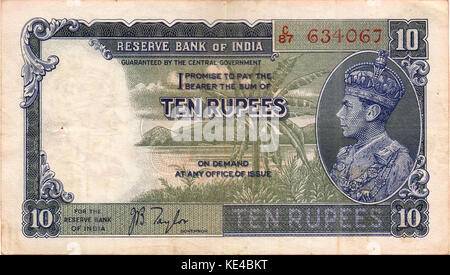 Colonial Indian Ten Rupees Observe (1937 43) Stock Photo