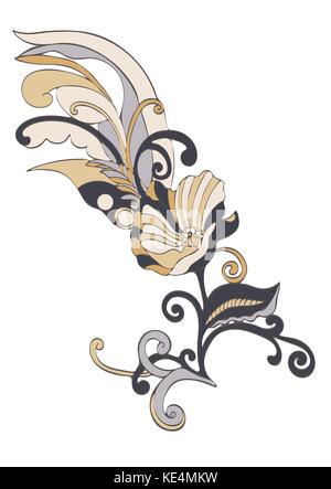 Abstract flower cartoon, vector hand-drawn. Bud fairy flower, petals, stem, leaves and curls, exquisite unusual color ornament isolated on white Stock Vector