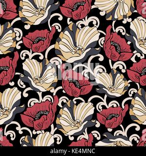 Abstract flowers seamless pattern, vector floral background, cartoon hand-drawn, exquisite elegant ornament. Colorful bud, petals on a black backgroun Stock Vector