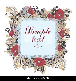 Flower square frame, vector background, banner, floral border, wreath, vintage ornament. Abstract colorful flowers, petals, stem, leaves, curls and la Stock Vector