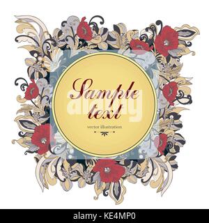 Flower square frame, vector background, banner, floral border, wreath, vintage ornament. Abstract colorful flowers, petals, stem, leaves, curls and ro Stock Vector
