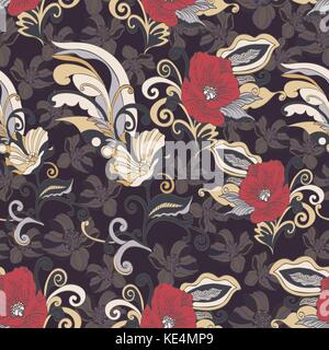 Abstract flowers seamless pattern, vector floral background, cartoon hand-drawn, exquisite elegant ornament. Colorful bud, petals, stem, leaves and cu Stock Vector