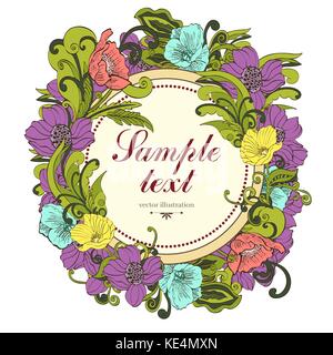 Flower round frame, vector background, banner, floral border, wreath, vintage ornament. Abstract colorful flowers, petals, stem, leaves, curls and lab Stock Vector