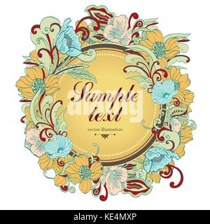 Flower round frame, vector background, banner, floral border, wreath, vintage ornament. Abstract colorful flowers, petals, stem, leaves, curls and lab Stock Vector