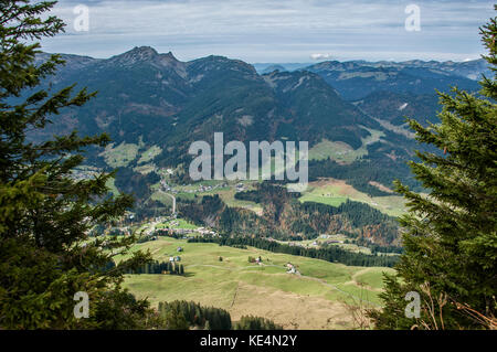 View of Kleinwalsertal (Little Walser Valley)/Vorarlberg from Fellhorn Ridge. Stock Photo