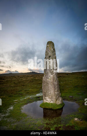 The standing stone associated with Merrivale Bronze Age Stone Circle in the Dartmoor National Park, Devon, UK Stock Photo