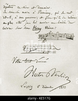 Hector Louis Berlioz - end of a letter written and signed by the French composer (6 December1850, Leipzig). Hand - written score at bottom of page.  (reads:  Répétons ce soir et demain. Je serre la main a Remeny, qui se met dit-il, a mes genoux et pour qu'il se releve, au plus vite, je lui envoie une bordée de cuivre sur son Hony theme' Let's rehearse this evening and tomorrow. I salute Remenyi, who says he bows down to me and so that he may stand up again as quickly as possible, I am sending him a brass section on his Hony theme' French composer, 11 December 1803 - 8 March 1869 Stock Photo