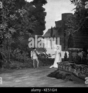 Claude Debussy 's opera 'Pelléas et Mélisande' - 4th Tableau -  Jean Périer (French baritone) as Pelléas and Mary Garden (Scottish soprano) as Mélisande at the Opéra-Comique, Paris premiere 1902. Set by Laurent Jusseaume. Debussy, French composer, 22 August 1862 - 25 March 1918. Stock Photo