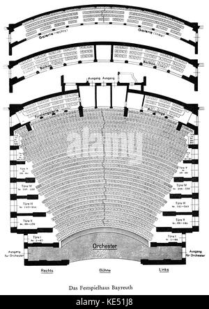 Bayreuth Festival House (Bayreuther Festspielhaus) - plan of the theatre. Late 1940 's. Gallery. Galleries. Theatre box. Boxes. Stage. Orchestra. Stock Photo