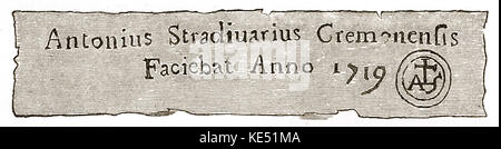 Antonio Stradivari or Antonius Stradivarius - maker 's label /  monogram of the Italian violin maker. Strad. Cremona. AS: 1644 - 18 December 1737. Stock Photo